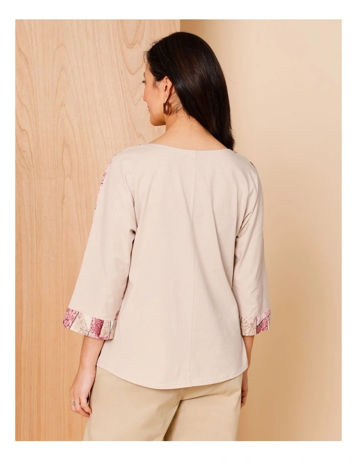 Woven Front With Knit Back 3/4 Sleeve Tee In Pink/Neutral Shard Print image 6