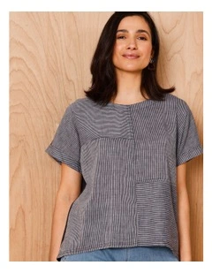 Extended Short Sleeve Spliced Woven Front Tee With Knit Back in Charcoal/White Fine Stripe