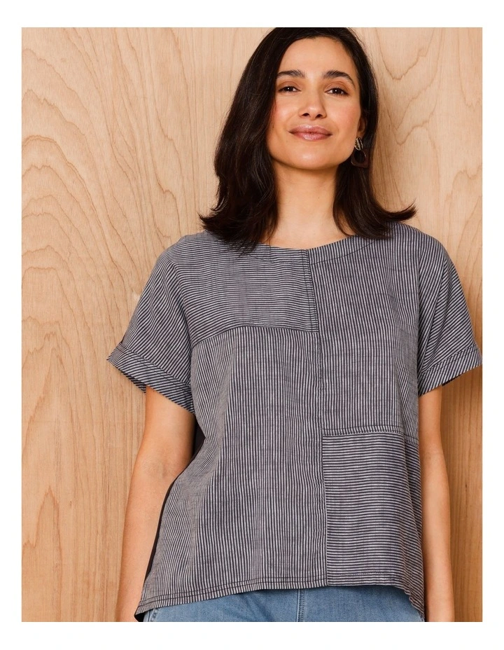 Extended Short Sleeve Spliced Woven Front Tee With Knit Back in Charcoal/White Fine Stripe image 1