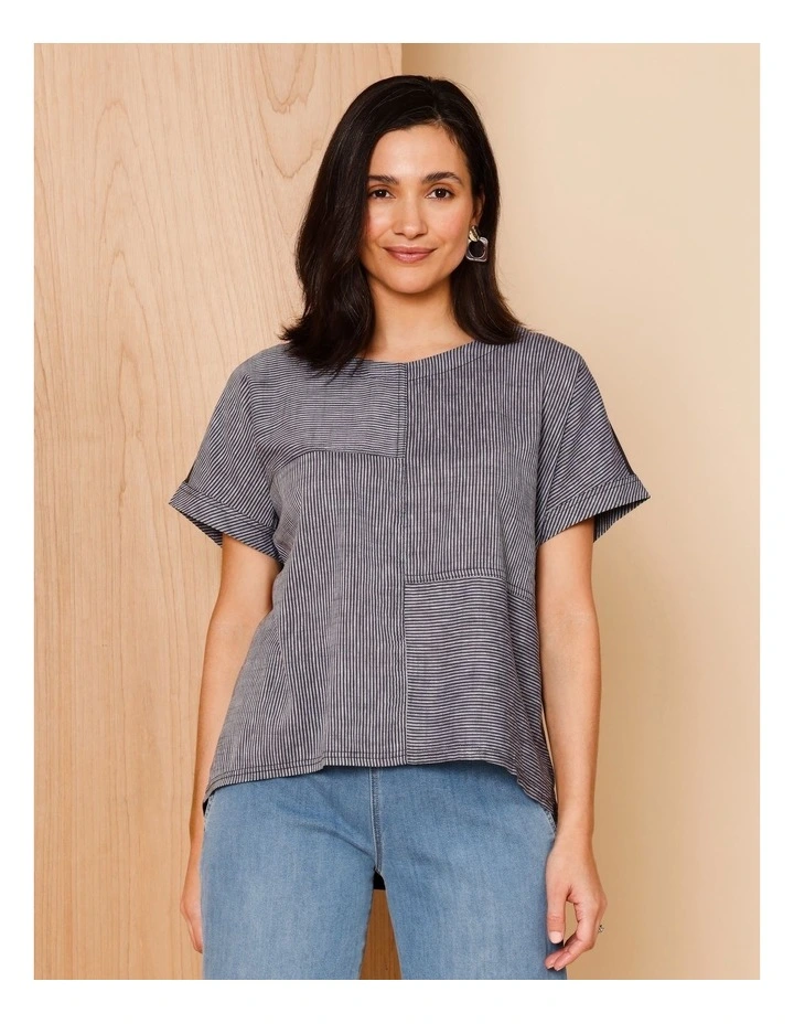 Extended Short Sleeve Spliced Woven Front Tee With Knit Back in Charcoal/White Fine Stripe image 3