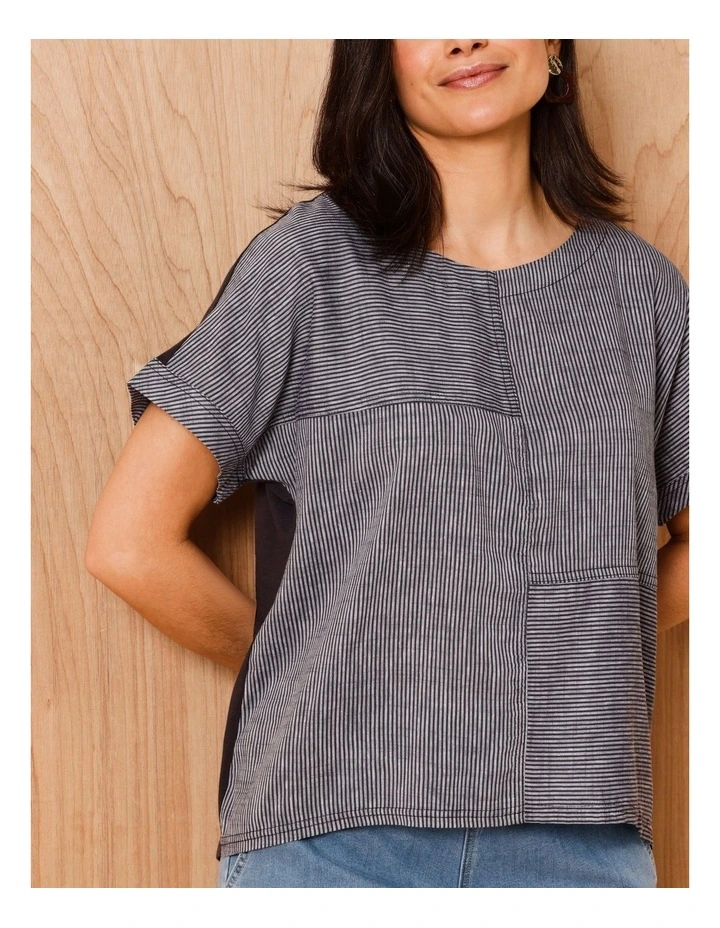 Extended Short Sleeve Spliced Woven Front Tee With Knit Back in Charcoal/White Fine Stripe image 4