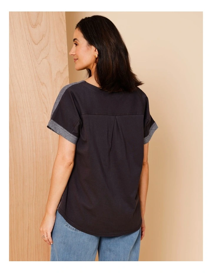 Extended Short Sleeve Spliced Woven Front Tee With Knit Back in Charcoal/White Fine Stripe image 5