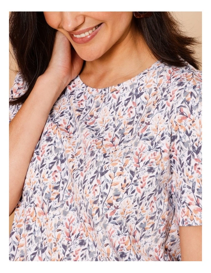 Wardrobe Staple Short Sleeve Tee In Watercolour Leaf Print White/Multi image 5