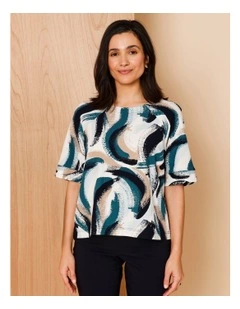 Raglan Short Sleeve Woven Front Tee With Knit Back In Blues/Navy/Neutral Abstract