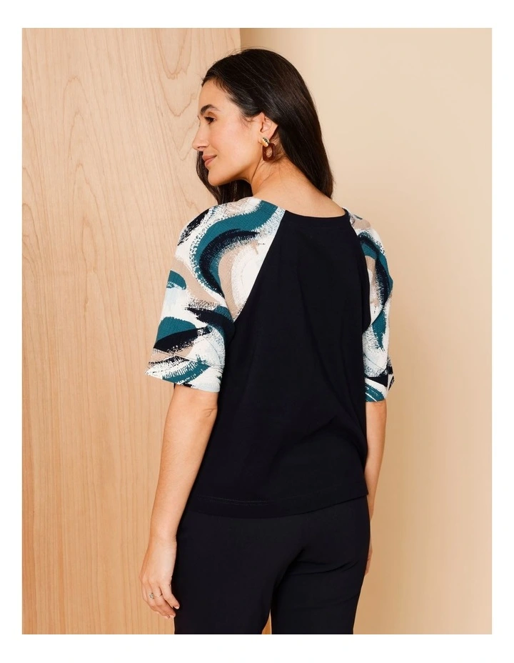 Raglan Short Sleeve Woven Front Tee With Knit Back In Blues/Navy/Neutral Abstract image 5