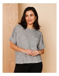 Elastic Cuff Extended Sleeve Tee In White/Black Jacquard