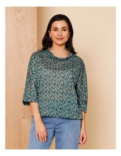 Extended 3/4 Sleeve Burnout Tee With Fold Neck In Blues Spot Print