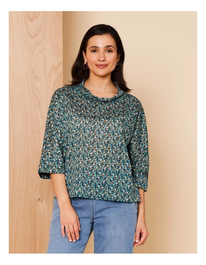 Extended 3/4 Sleeve Burnout Tee With Fold Neck In Blues Spot Print image 1