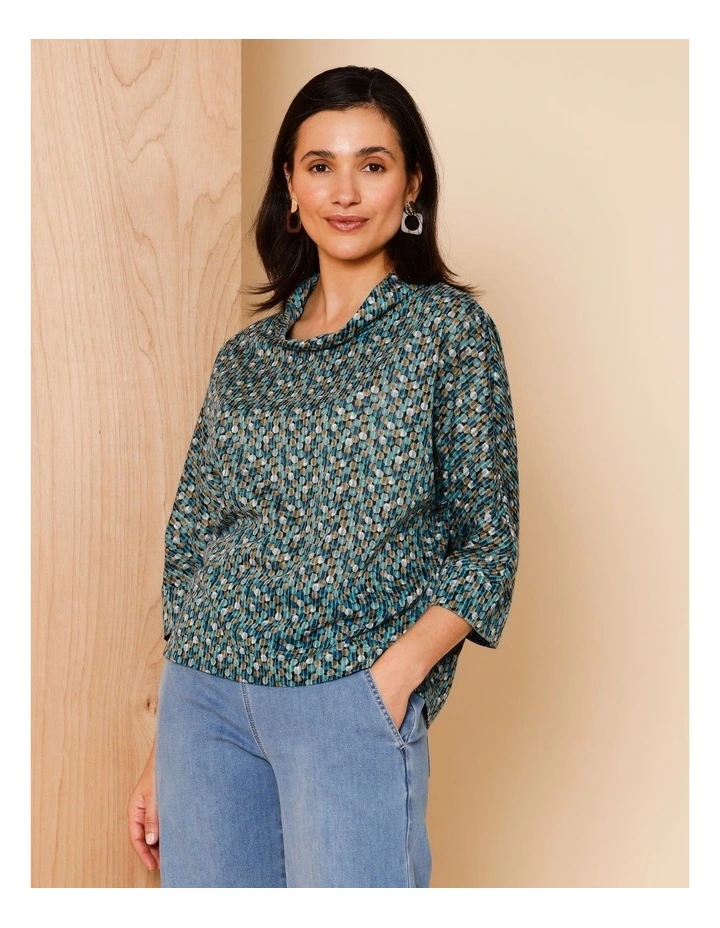 Extended 3/4 Sleeve Burnout Tee With Fold Neck In Blues Spot Print image 3