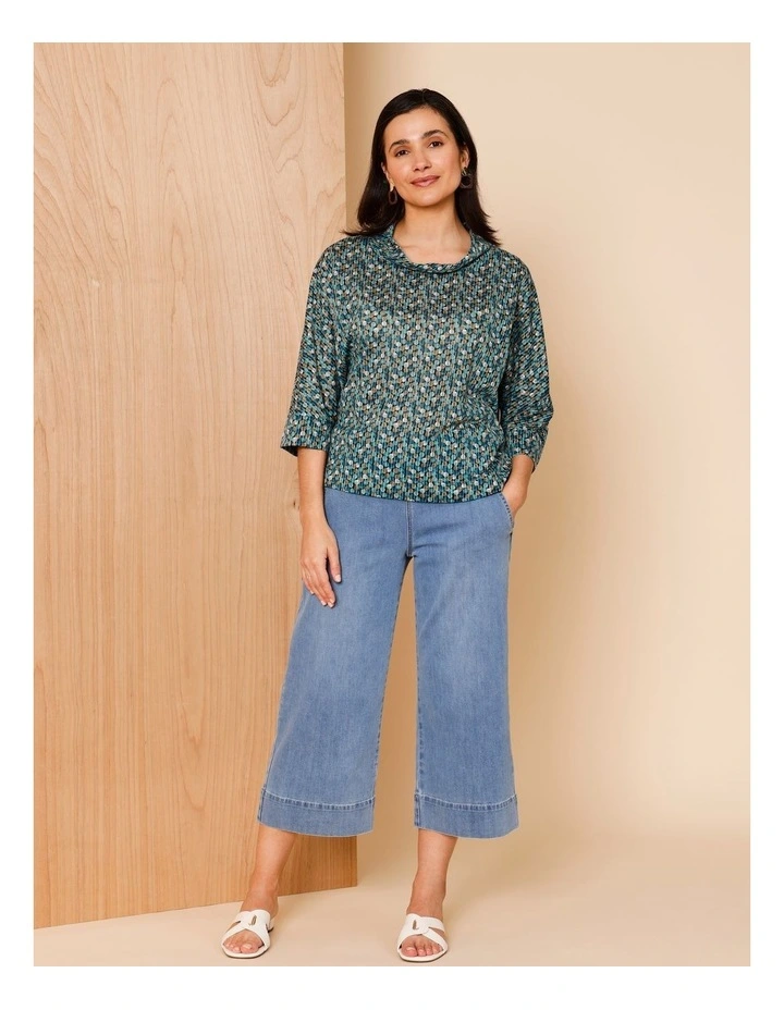 Extended 3/4 Sleeve Burnout Tee With Fold Neck In Blues Spot Print image 4