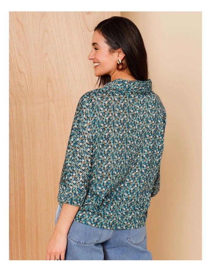Extended 3/4 Sleeve Burnout Tee With Fold Neck In Blues Spot Print image 6