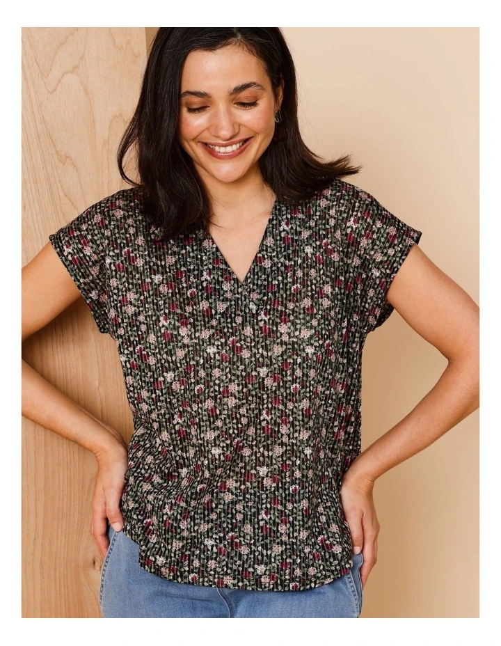 V Neck Extended Sleeve Burnout Tee In Pink Teals Print image 1