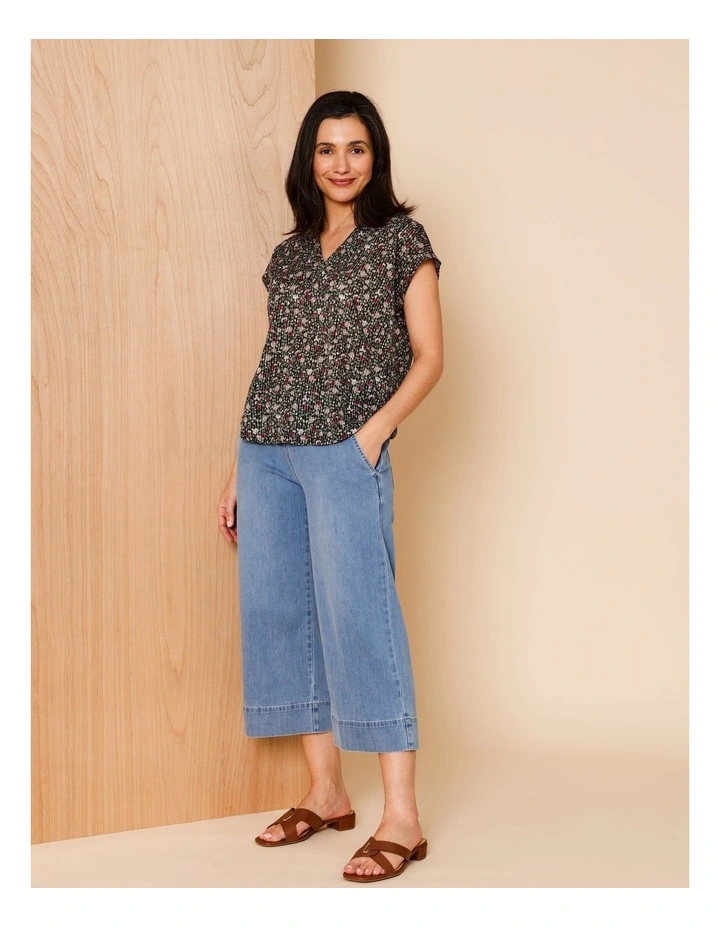 V Neck Extended Sleeve Burnout Tee In Pink Teals Print image 2