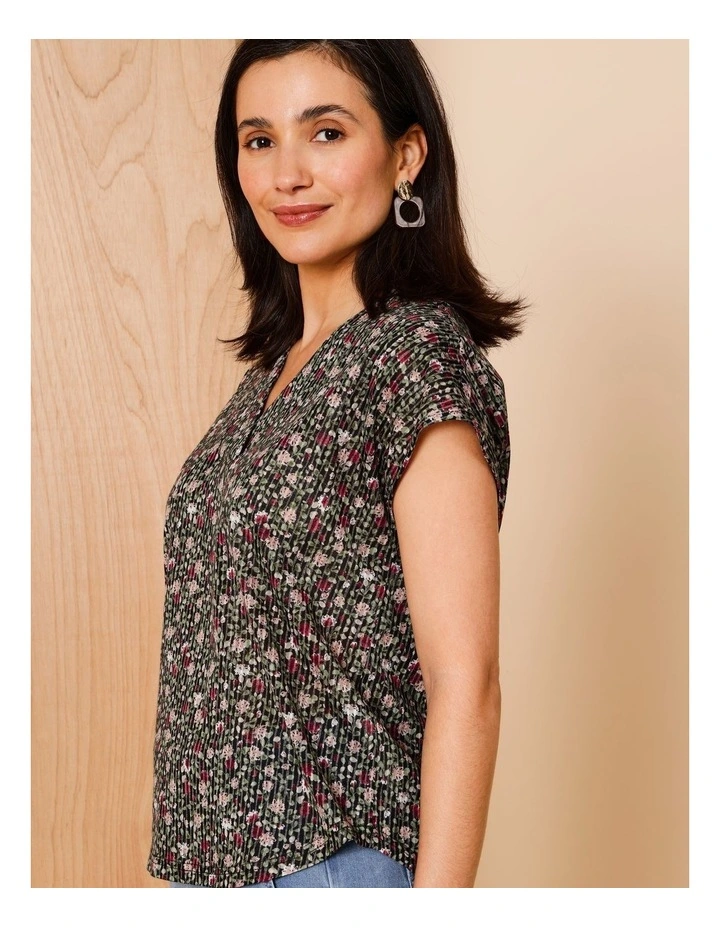 V Neck Extended Sleeve Burnout Tee In Pink Teals Print image 3