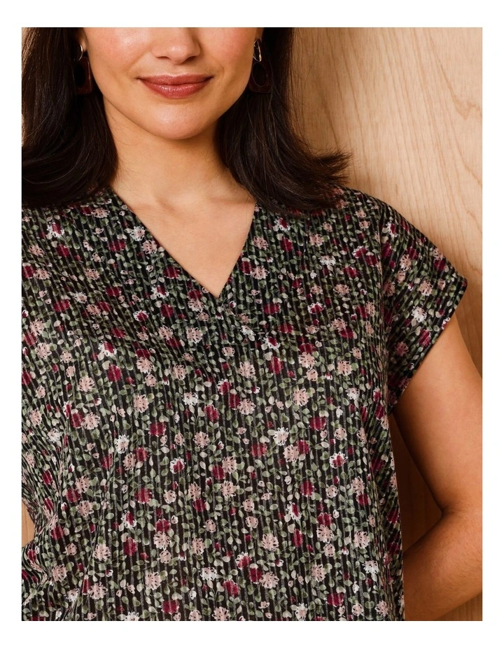 V Neck Extended Sleeve Burnout Tee In Pink Teals Print image 4
