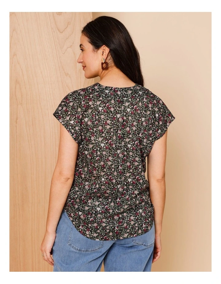 V Neck Extended Sleeve Burnout Tee In Pink Teals Print image 5