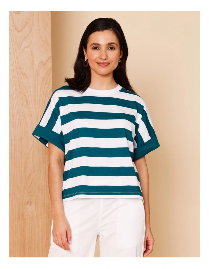 Extended Sleeve Tee With Solid Cuff In Teal/White image 1