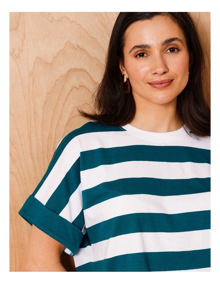Extended Sleeve Tee With Solid Cuff In Teal/White image 2