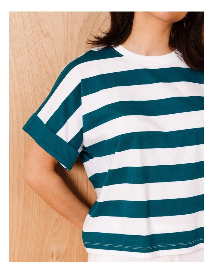 Extended Sleeve Tee With Solid Cuff In Teal/White image 3