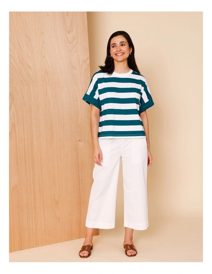 Extended Sleeve Tee With Solid Cuff In Teal/White image 4