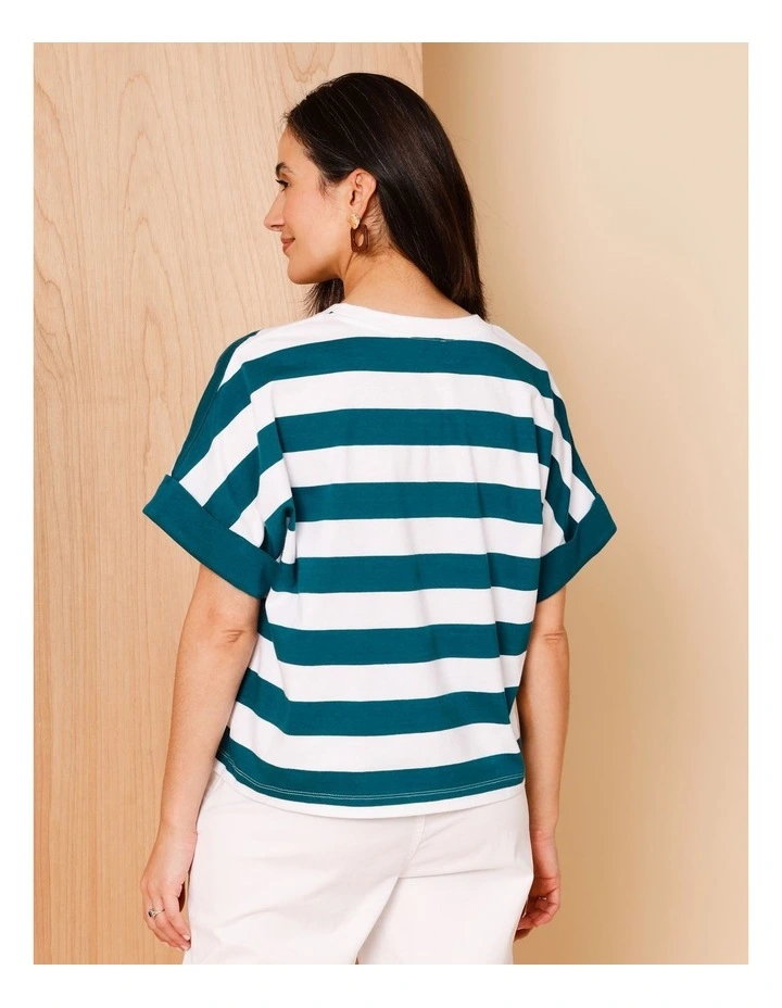 Extended Sleeve Tee With Solid Cuff In Teal/White image 5