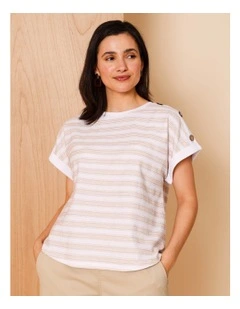 Extended Sleeve Stitched Stripe Tee With Buttons In White/Neutral