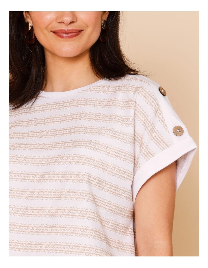 Extended Sleeve Stitched Stripe Tee With Buttons In White/Neutral image 3