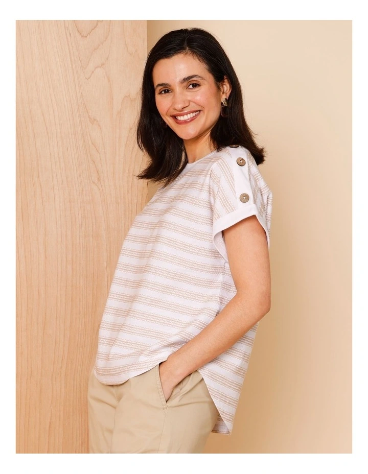 Extended Sleeve Stitched Stripe Tee With Buttons In White/Neutral image 4
