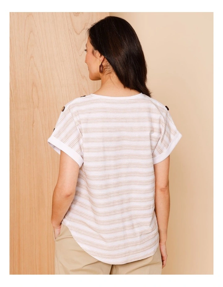 Extended Sleeve Stitched Stripe Tee With Buttons In White/Neutral image 5
