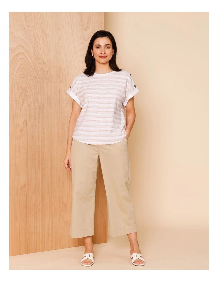 Extended Sleeve Stitched Stripe Tee With Buttons In White/Neutral image 6