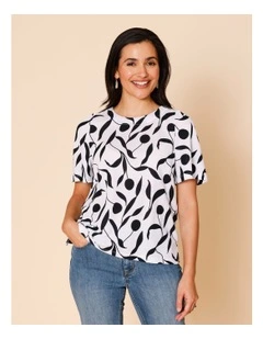 Short Bell Sleeve Tee In White With Black Leaf Print