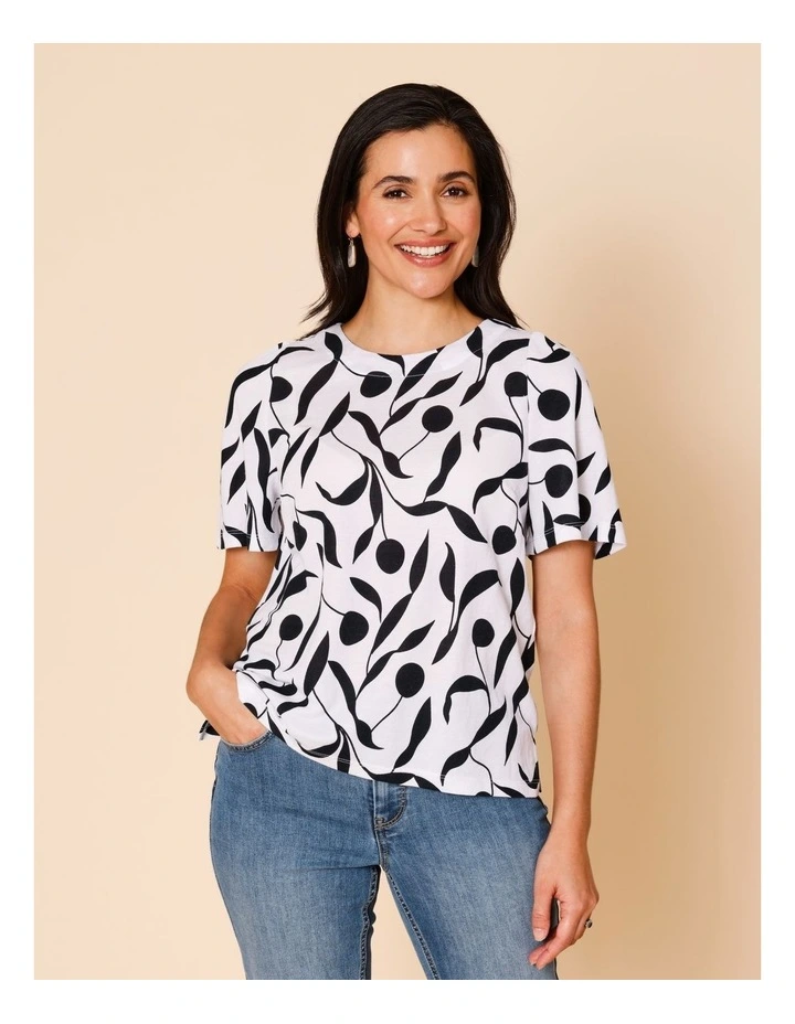 Short Bell Sleeve Tee In White With Black Leaf Print image 1