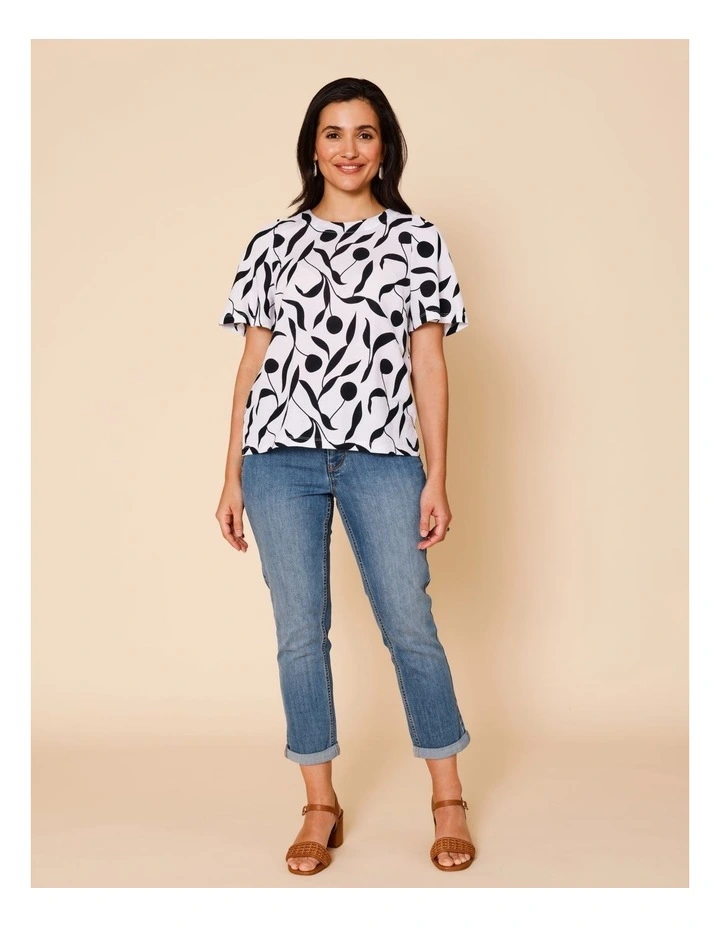 Short Bell Sleeve Tee In White With Black Leaf Print image 2