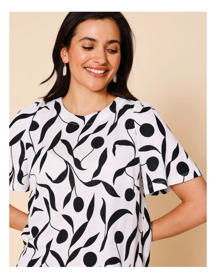 Short Bell Sleeve Tee In White With Black Leaf Print image 3