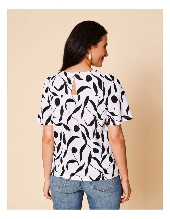 Short Bell Sleeve Tee In White With Black Leaf Print image 4