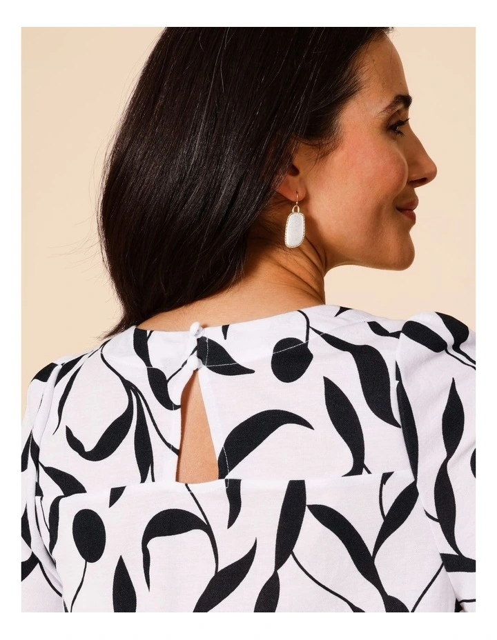 Short Bell Sleeve Tee In White With Black Leaf Print image 5