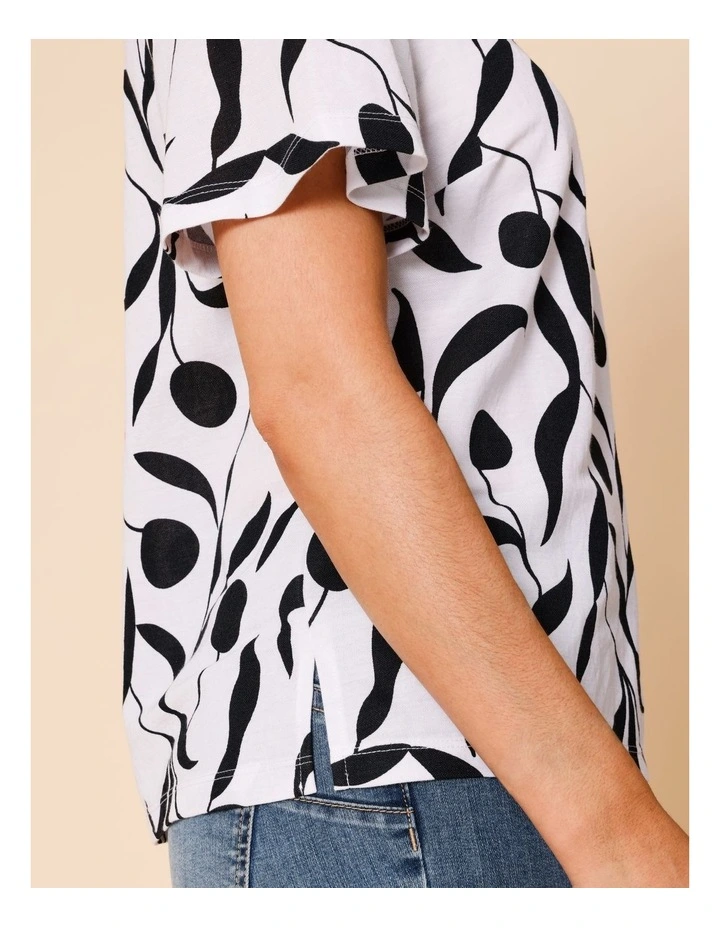 Short Bell Sleeve Tee In White With Black Leaf Print image 6