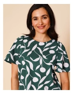 Short Bell Sleeve Tee In Green With White Leaf Print