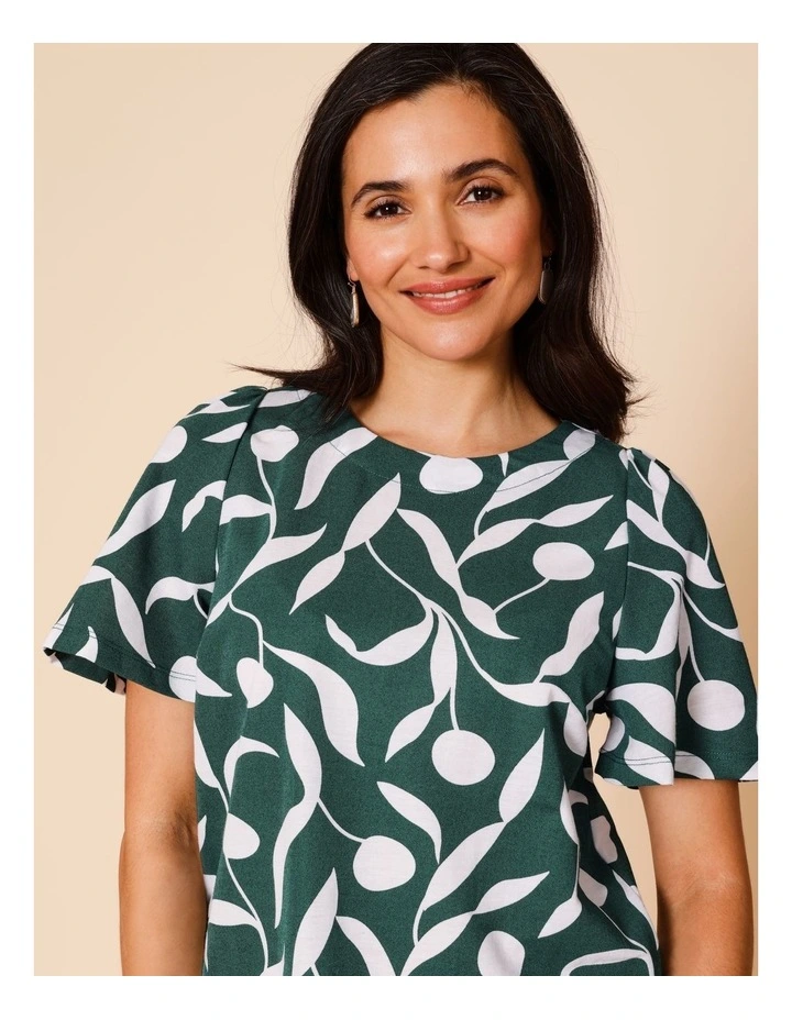 Short Bell Sleeve Tee In Green With White Leaf Print image 1