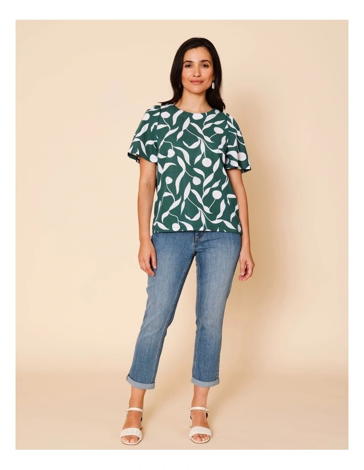 Short Bell Sleeve Tee In Green With White Leaf Print image 2