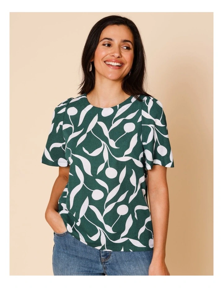 Short Bell Sleeve Tee In Green With White Leaf Print image 3