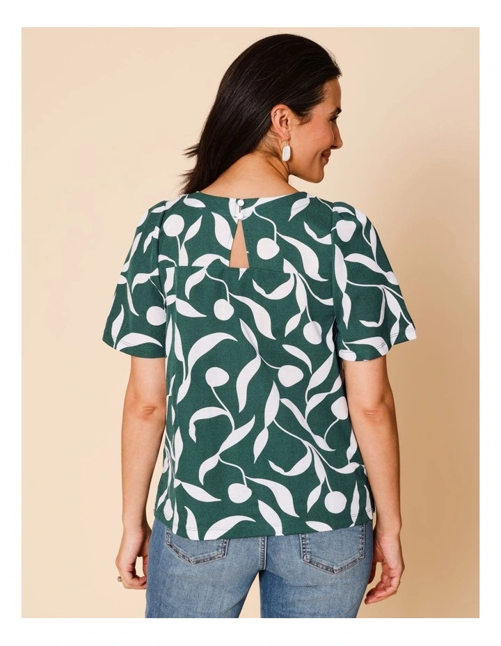 Short Bell Sleeve Tee In Green With White Leaf Print image 5