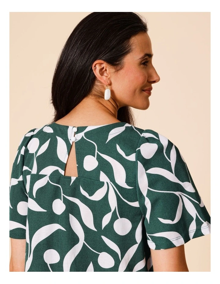 Short Bell Sleeve Tee In Green With White Leaf Print image 6