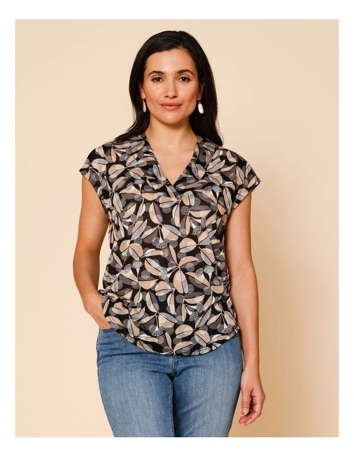 V Neck Extended Sleeve Burnout Tee In Black Ground Gum Print image 2
