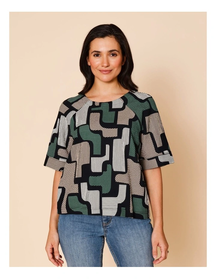 Raglan Short Sleeve Woven Front Tee With Knit Back In Green/Black/Neutral Geo Print image 1