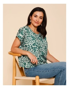 Cap Sleeve Button Through Top In Green Floral