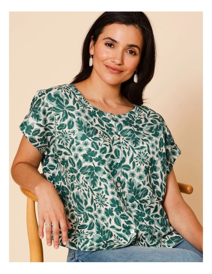 Cap Sleeve Button Through Top In Green Floral image 2