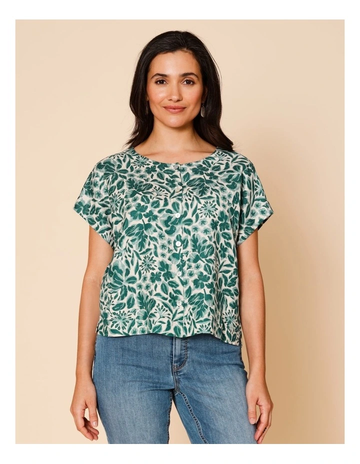 Cap Sleeve Button Through Top In Green Floral image 3