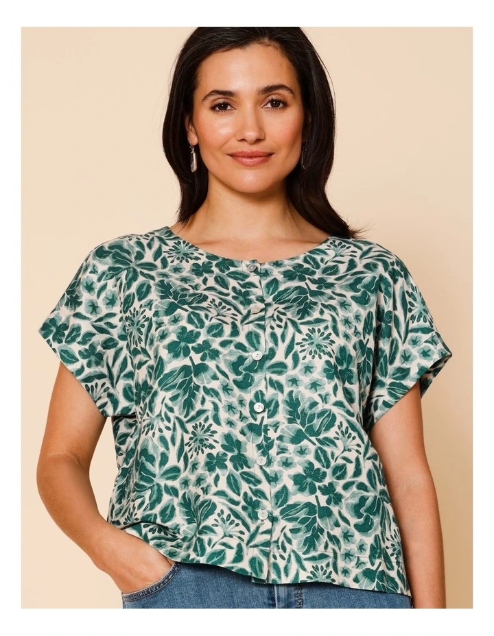 Cap Sleeve Button Through Top In Green Floral image 5