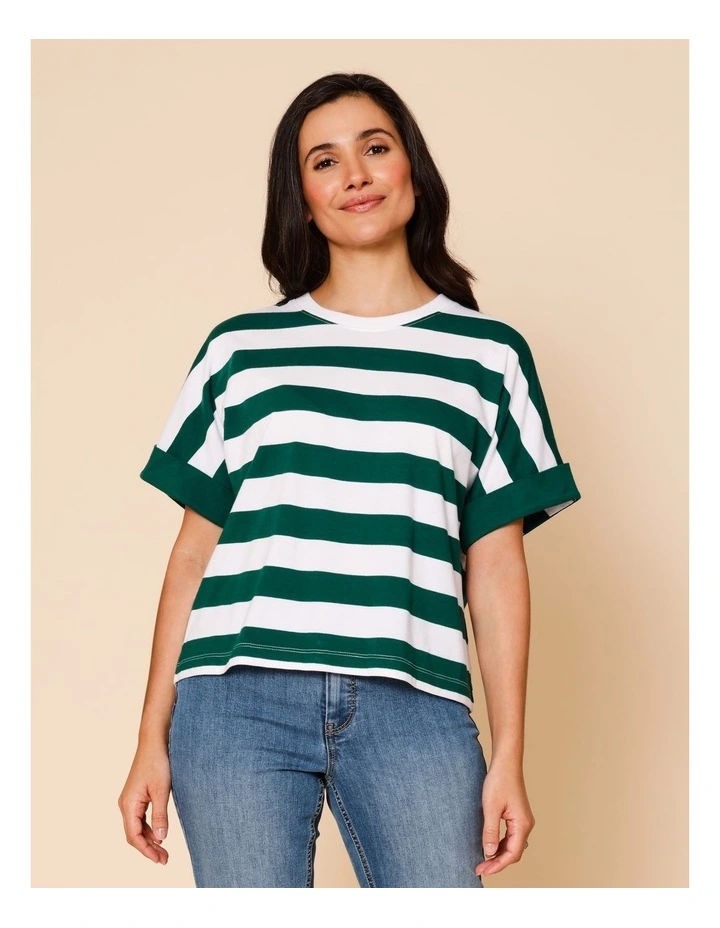 Extended Sleeve Tee With Solid Cuff In Green/White Stripe image 1